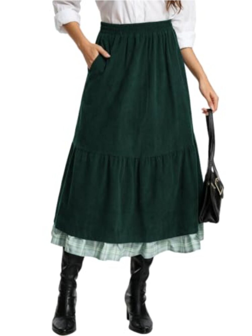 Midi Corduroy Skirt Plaid Flared A-Line with Pockets
